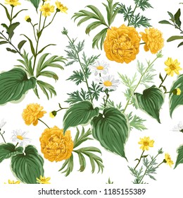 Yellow peonies, daisies and  many kinds of plants, herbs and leaves. Seamless beautiful vector pattern.