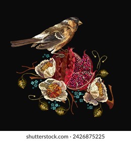 Yellow peonies flowers, birds and ripened pomegranate fruit. Exotic fruit. Template for clothes, t-shirt design. Embroidery floral style