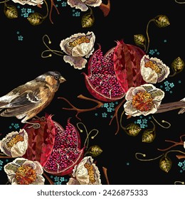 Yellow peonies flowers, birds and ripened pomegranate fruit. Embroidery floral style. Exotic fruit. Template for clothes, t-shirt design. Seamless pattern