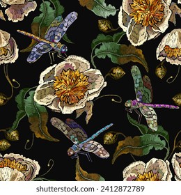 Yellow peonies flowers and colorful dragonflies. Embroidery floral style. Fashion template for clothes, t-shirt design