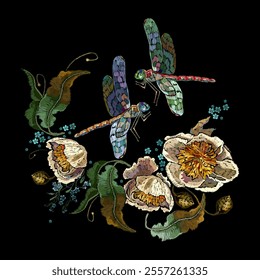 Yellow peonies flowers and dragonflies. Embroidery floral style. Fashion summer garden template for clothes, t-shirt design