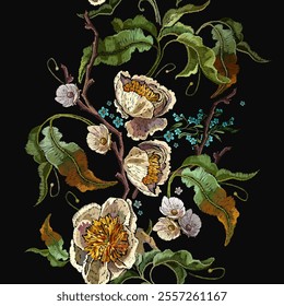 Yellow peonies flowers. Embroidery floral style. Vertical seamless pattern. Fashion summer garden template for clothes, t-shirt design