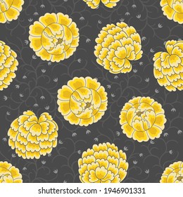 Yellow Peonies Flowers on Black Background Vector Seamless Pattern