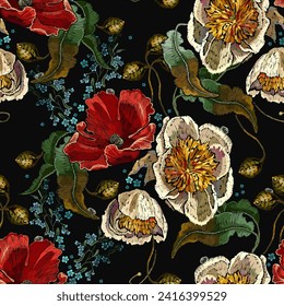 Yellow peonies flowers, red poppies and blue meadow herbs. Seamless pattern. Embroidery floral style. Fashion template for clothes, t-shirt design