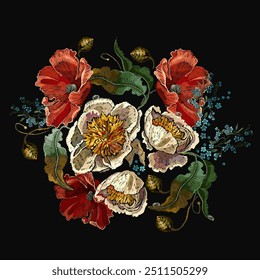 Flores de peonías amarillas, amapolas rojas y hierbas de pradera azul. Plantilla de verano de la moda para la ropa, diseño de la camiseta. Bordado estilo de arte floral