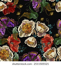 Flores de peonías amarillas, amapolas rojas y mariposas. Patrón sin fisuras. Bordado estilo floral. Plantilla de moda para la ropa, diseño de la camiseta