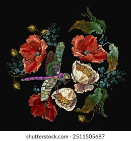 Flores de peonías amarillas, amapolas rojas y libélula. Arte floral del jardín. Plantilla del jardín del verano de la moda para la ropa, tapiz, diseño de la camiseta