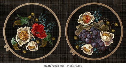 peonías amarillas, uvas, rosas rojas. Colección de bordados florales. Plantilla de marco de tambor con un lienzo, elementos de puntos. Arte para la ropa