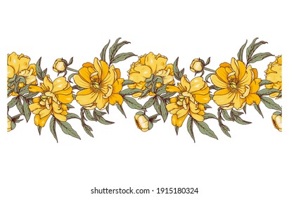 Yellow peonies, large garden flowers, seamless pattern on a white background, vector illustration