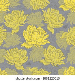 Yellow peonies seamless vector pattern. Ultimate Gray and Illuminating - colors of the year 2021. Pantone 17-5104 and 13-0647.