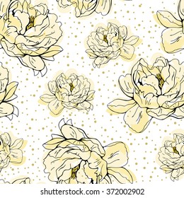 Yellow peony dotted pattern. Vector floral  ornament for your textile