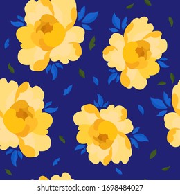 Yellow peony seamless pattern on a blue background. Beautiful retro print for textiles. Retro arrangement with flowers roses.
