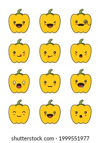 yellow pepper cartoon character with different facial expressions isolated on white background