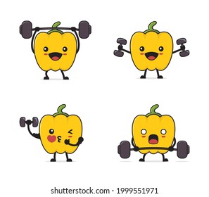 yellow pepper cartoon character with exercise equipment, dumbbells, barbell