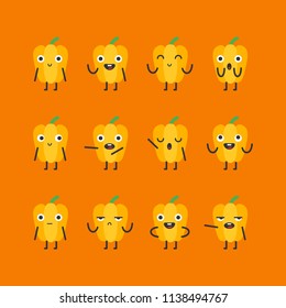Yellow pepper character set different options and emotions. Vector Illustration.