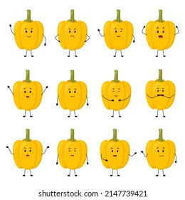 Yellow pepper. Cute vegetable characters with different emotions, vector illustration