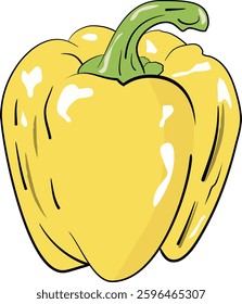A yellow pepper with a green stem. The pepper is cut in half and the stem is visible
