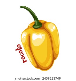 Pimiento amarillo con texto Rocoto, etiqueta de especias de dibujos animados. Pimiento muy caliente para salsas picantes, insignia de ingrediente vegetal natural de dibujos animados para comida mexicana y Ilustración vectorial de parches de tipografía