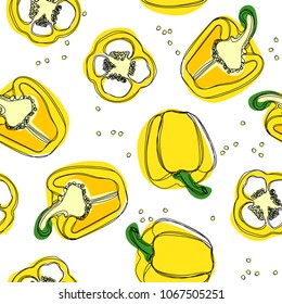 Yellow pepper seamless pattern. Hand drawing of yellow bulgarian sweet pepper, paprika, peppercorns. Vector illustration.