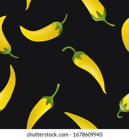 Yellow pepper seamless pattern.Red peppers spicy vegetable on a black background .Vegetarian food