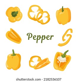 Yellow pepper. Set yellow pepper whole, cut, rings and slices. Vector illustration on a white background. Suitable for menus, restaurants, posters, illustrations of articles