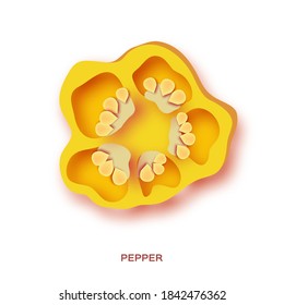 Yellow pepper slices in paper cut style on white background. Fresh vegetable. Healthy food