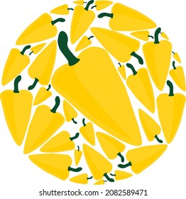 Yellow peppers in a circle.  Vector flat design template. Background of food, gardening or horticulture.