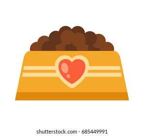 Yellow pet bowl with food, flat style vector illustration.