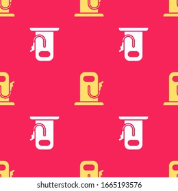 Yellow Petrol or gas station icon isolated seamless pattern on red background. Car fuel symbol. Gasoline pump.  Vector Illustration