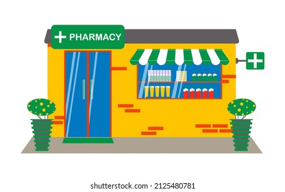 Yellow pharmacy building with pills, vaccines on a city street with a glass door and a showcase. The facade of the pharmacy is decorated with flower pots. Vector.