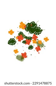 Yellow Philodendron Background White Vector. Flora Branch Card. Pink Palm. Culture Illustration. Green Garden Pattern.