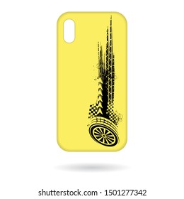 Yellow phone case with black grunge tire track print isolated on white background
