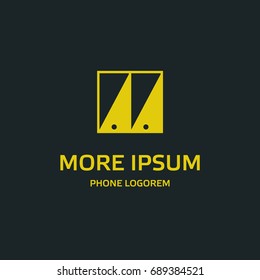 Yellow phone logo template. Two flat phones with a glare on the screen it looks like the letter M. Isolated vector icon with text for mobile on a black background.