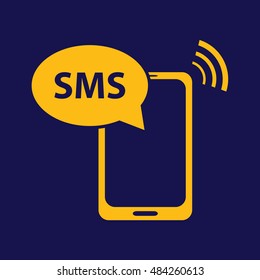 Yellow phone SMS icon vector illustration. Blue background
