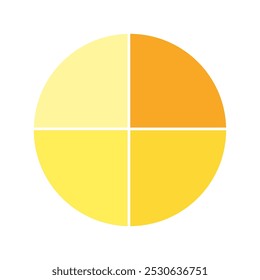 Gráfico de pizza amarelo com 4 partes, seção de círculo 4 para conceito de apresentação comercial. Vetor de meta global para marketing e educação.