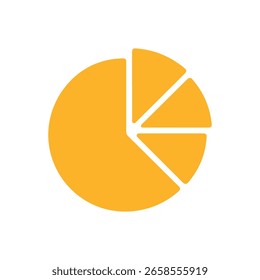 Gelbes Tortendiagramm mit vier Bildabschnitten auf weißem Hintergrund, Diagrammgrafik mit Geschäftsdatenanalyse, Finanzstatistiken und Datenvisualisierung.