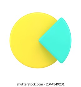 Yellow pie chart with turquoise segment 3d icon. Visual analysis of statistical data through volumetric image. Representation paretto law. Modern infographics in web design. Realistic isolated vector
