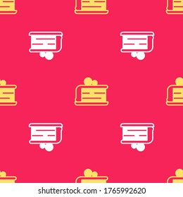 Yellow Piece of cake icon isolated seamless pattern on red background. Happy Birthday.  Vector