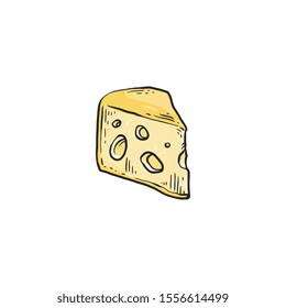 A yellow piece of cheese for food, a dairy product. A slice of healthy milk cheese with holes. Isolated hand drawn vector illustration.