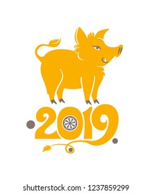 Yellow Pig Boar 2019. Year of the Earth Pig 2019 on the Chinese Calendar. Vector New Year greeting template symbol isolated on white.