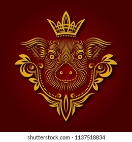 Yellow pig is Chinese symbol of New Year 2019. Patterned pig muzzle with decoration and crown.