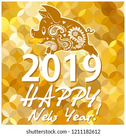 Yellow pig holding a coin. Gold background. Vector flat illustration