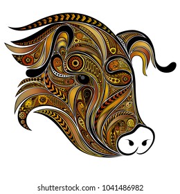 Yellow pig of patterns. Symbol of the Chinese New Year 2019