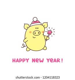 Сute yellow pig in a Santa Claus hat with Bengal fire. Happy New Year card. It can be used for sticker, patch, phone case, poster, t-shirt, mug and other design.