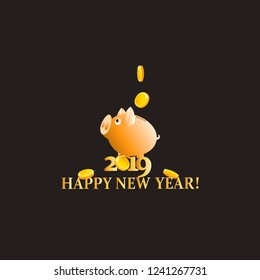 Yellow piggy bank. New year greetings. Dark background. Design for a greeting card, poster, advertising, calendar.	