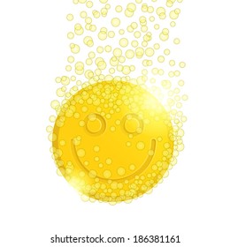 Yellow pill with happy smiley and bubbles around on white background