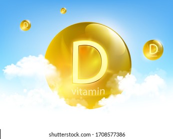 Yellow pill vitamin D against blue sky with clouds. Vector illustration