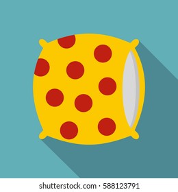 Yellow pillow with red dots icon. Flat illustration of yellow pillow with red dots vector icon for web isolated on baby blue background