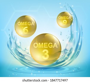 Yellow pills omega 3, omega 6 and omega 9 vitamins in a spray of water. Vector illustration