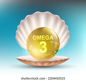 Yellow pills of omega 3 vitamin in seashell. vector illustration